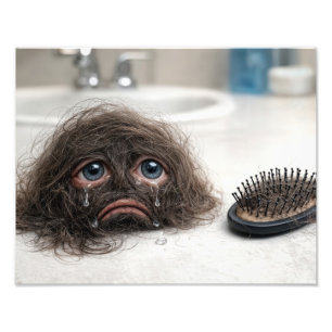Loose Hair With Sad Face and Hairbrush Photo Print