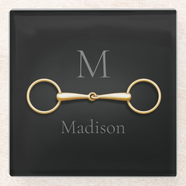 Loose Ring Snaffle Bit Monogrammed Equestrian Glass Coaster (Front)
