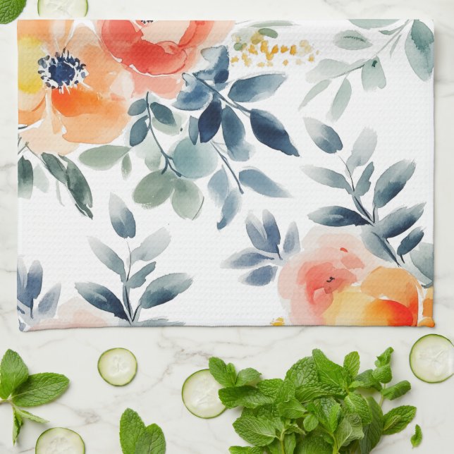 Loose Watercolor Blooms Elegant  Tea Towel (Folded)