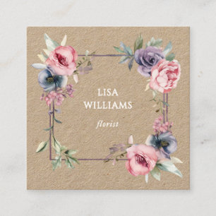 Loose Watercolor Floral Frame Kraft Square Business Card