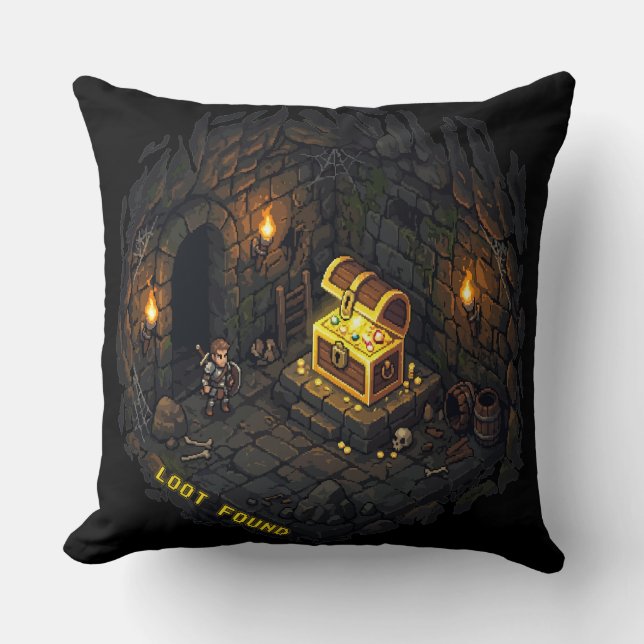 Loot Found Fantasy Dungeon Pixel Art Design Cushion (Front)