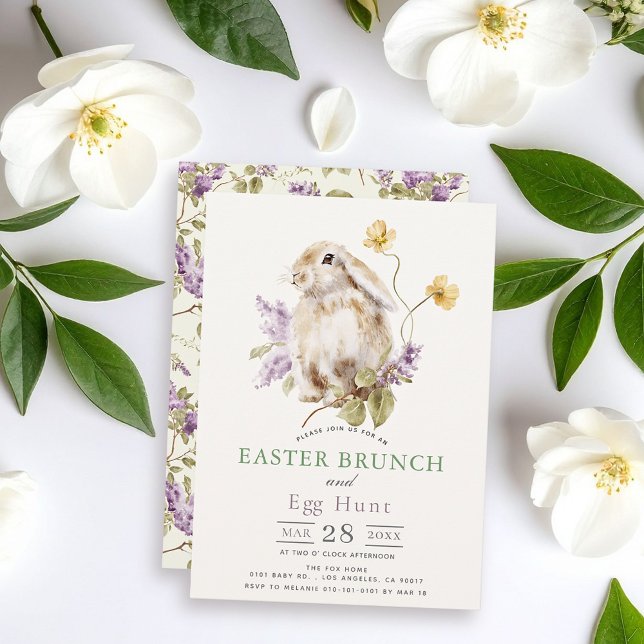 Lop Bunny Purple Lilac Floral Easter Brunch Invitation (Creator Uploaded)