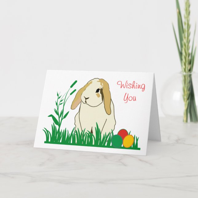 Lop Eared Bunny and Easter Eggs in Grass Holiday Card (Front)