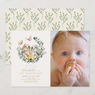 Lop Rabbit Bunny Butterfly 1st Birthday Photo Invitation
