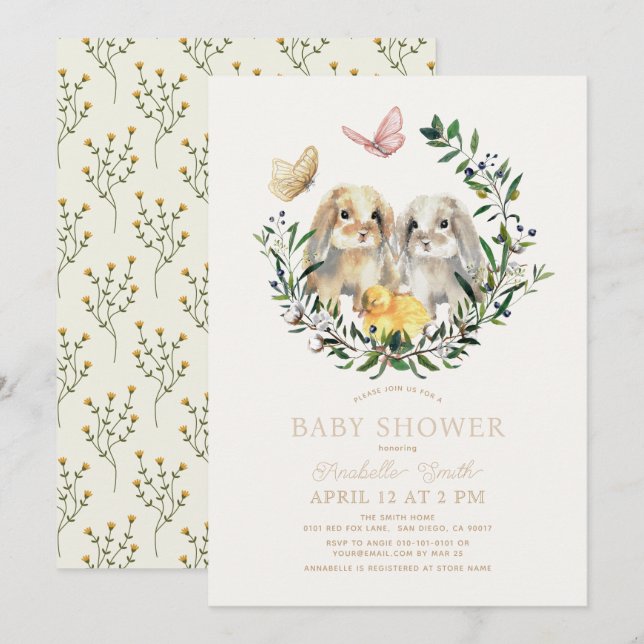 Lop Rabbit Bunny Chick Butterfly Baby Shower Invitation (Front/Back)