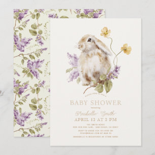 Lop Rabbit Bunny Purple Lilac Floral Baby Shower Invitation