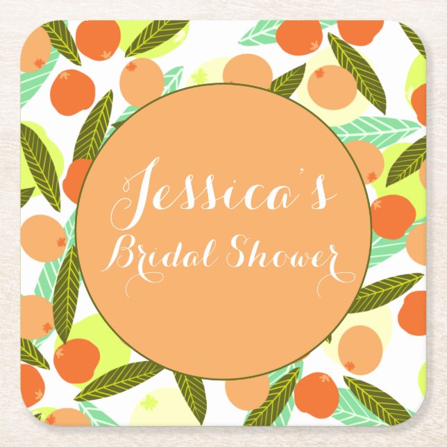 Loquat Fruit Pattern Bridal Shower Peach Thank You Square Paper Coaster (Front)