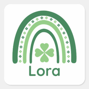 Lora Name Clover Boho Rainbow Square Sticker