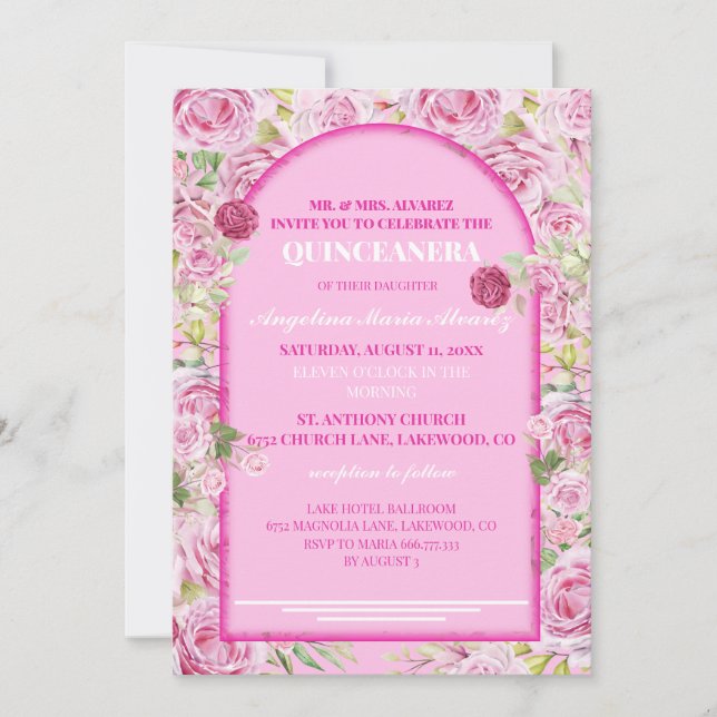 loral Rose Pink Quinceanera Invitation (Front)