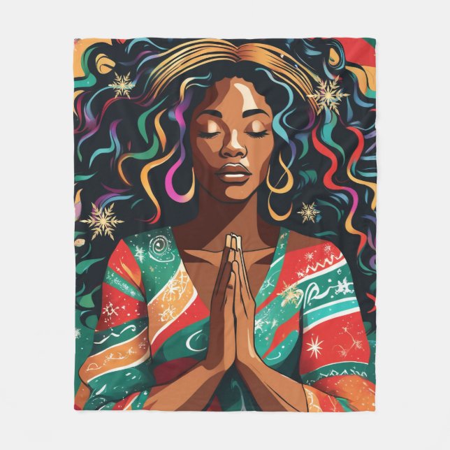 Lord Bless and Keep You Christmas Black Woman Fleece Blanket (Front)