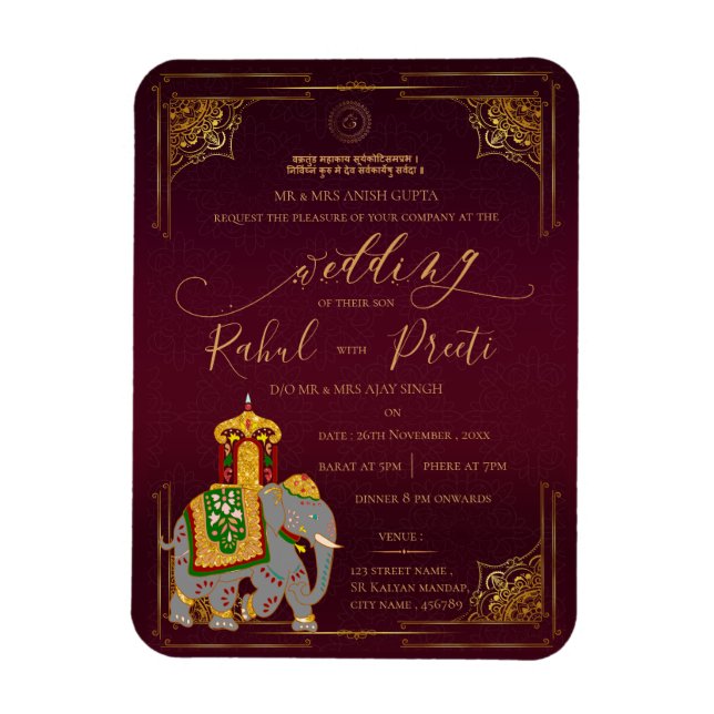 Lord Ganesh Red Gold Indian Wedding Invitation Magnet (Vertical)