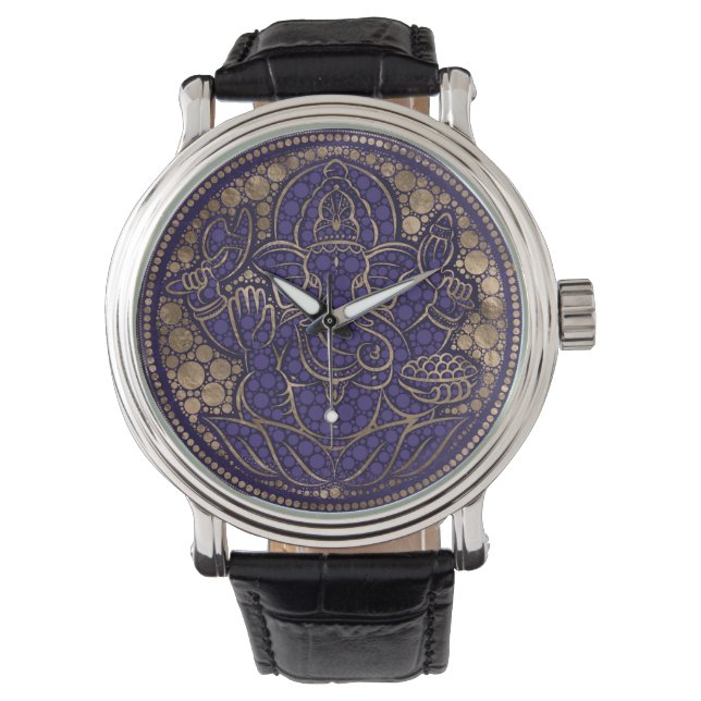 Lord Ganesha Dot Art Purples and Gold Watch (Front)