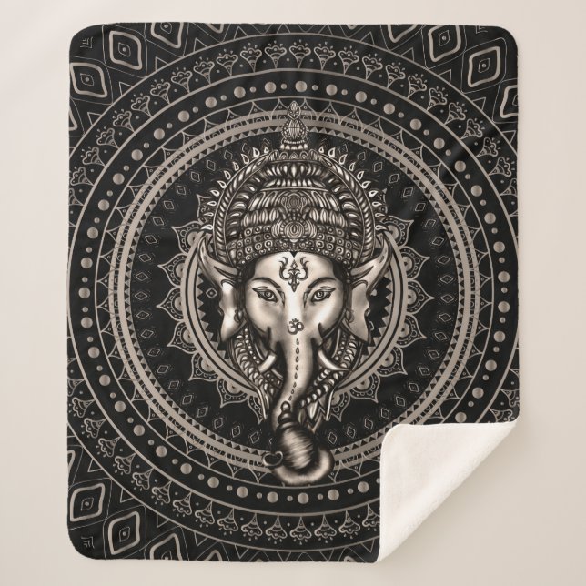 Lord Ganesha - Sepia Black Sherpa Blanket (Front)