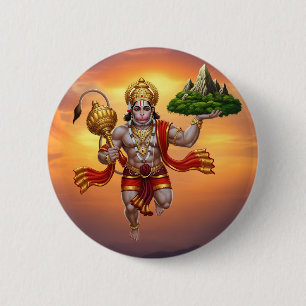 Lord Hanuman Flying Lifting Mountain 6 Cm Round Badge