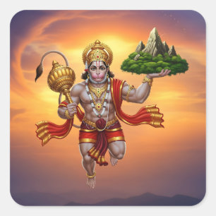 Lord Hanuman Flying Lifting Mountain Square Sticker