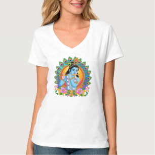 Lord Krishna Playing Flute with Peacock Feathers T-Shirt