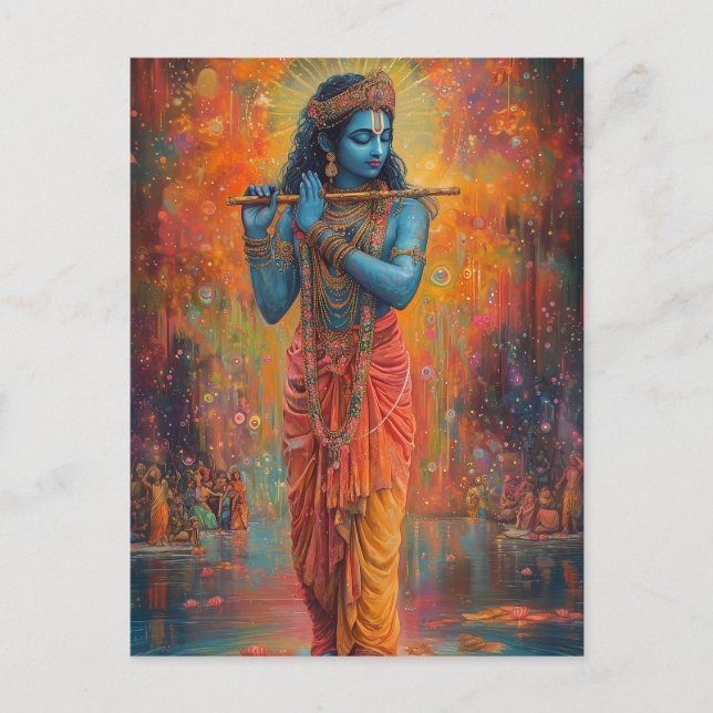 Lord Krishna playing the Flute Orange Blue Art  Postcard (Front)