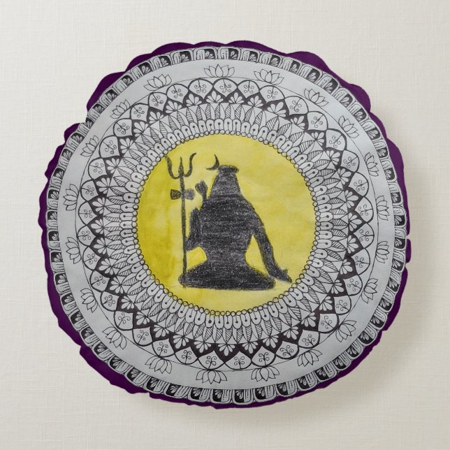 Lord Shiva Mandala Art Round Throw Pillow (Front)