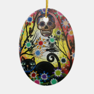 Lori Everett_ Day Of The Dead,Cat,Skull,Ornament Ceramic Tree Decoration