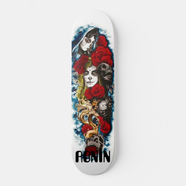 Lorona Skulls Roses Girl Clouds Death Skateboard  (Front)
