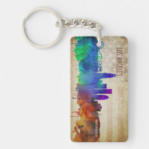 Los Angeles, CA Watercolor City Skyline Key Ring