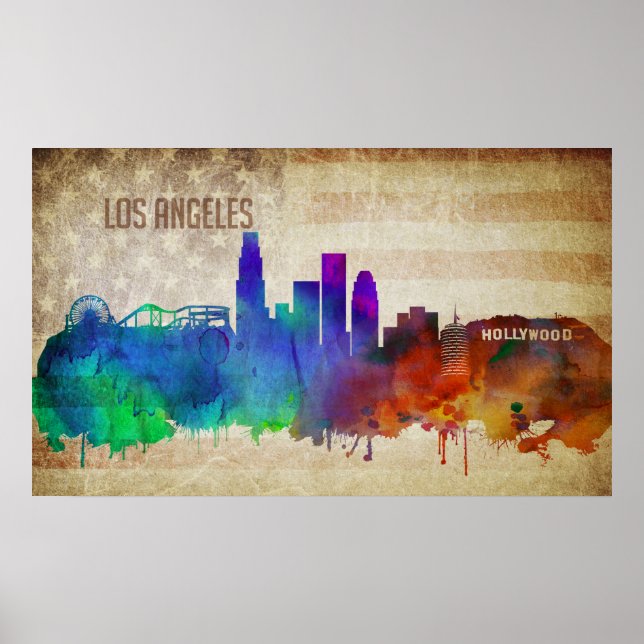 Los Angeles, CA | Watercolor City Skyline Poster (Front)