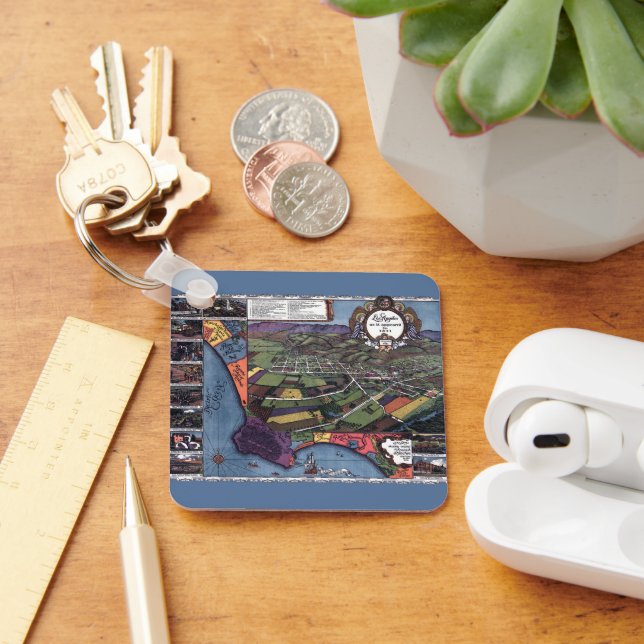 Los Angeles, California, Antique Aerial City Map Key Ring (Desk)