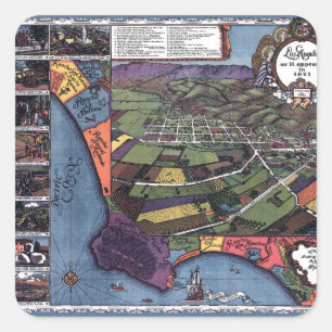 Los Angeles, California, Antique Aerial City Map Square Sticker