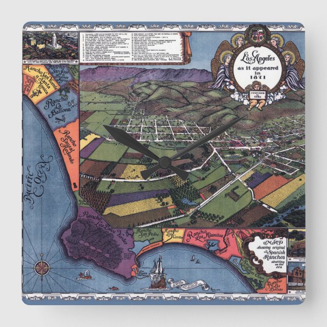 Los Angeles, California, Antique Aerial City Map Square Wall Clock (Front)
