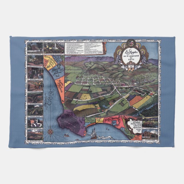Los Angeles, California, Antique Aerial City Map Tea Towel (Horizontal)