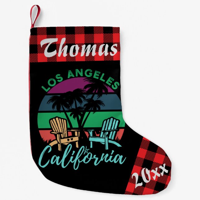 Los Angeles California Beach Chairs Sunset Small Christmas Stocking (Front)