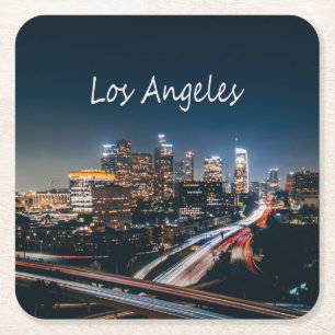 Los Angeles California City Skyline at night Square Paper Coaster