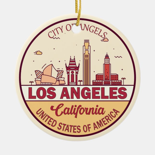 Los Angeles California City Skyline Emblem Ceramic Tree Decoration (Front)