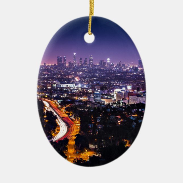 Los Angeles, California Skyline at night Ceramic Tree Decoration (Front)