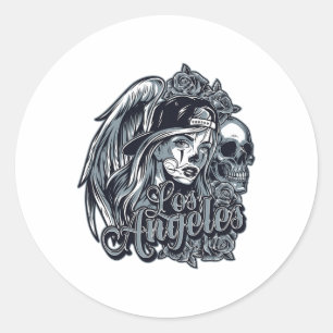 Los Angeles Chicana Design With Skulls Roses And A Classic Round Sticker