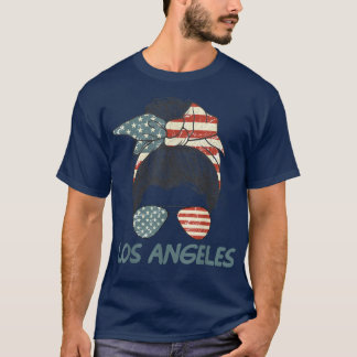 Los Angeles Girl Messy bun , USA Flag California  T-Shirt