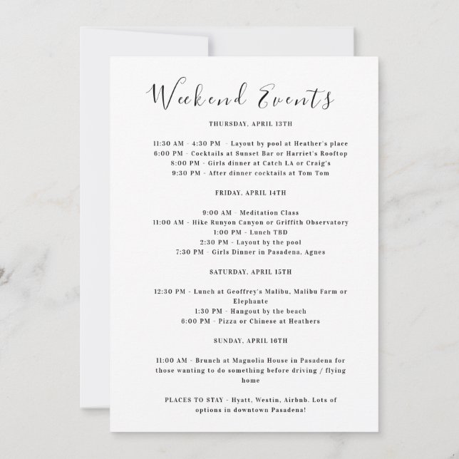 Los Angeles Girls Weekend Trip Bachelorette Party  Invitation (Back)