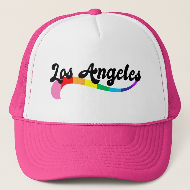 Los Angeles Retro Rainbow Script Pride Birthday  Trucker Hat (Front)