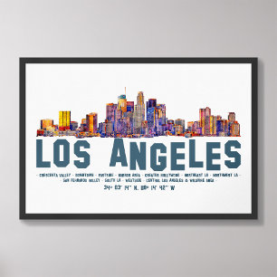 Los Angeles Skyline. Area Names and Coordinates Photo Print