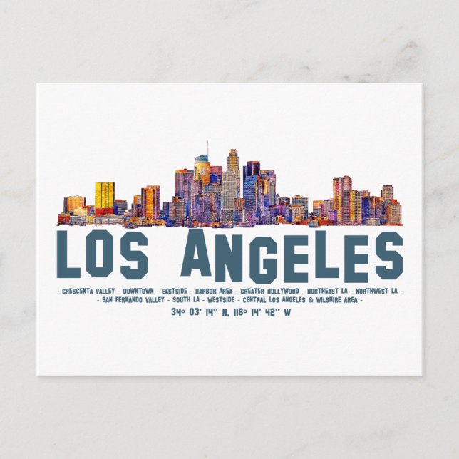 Los Angeles Skyline. Area Names and Coordinates Postcard (Front)