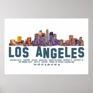 Los Angeles Skyline. Area Names and Coordinates Poster