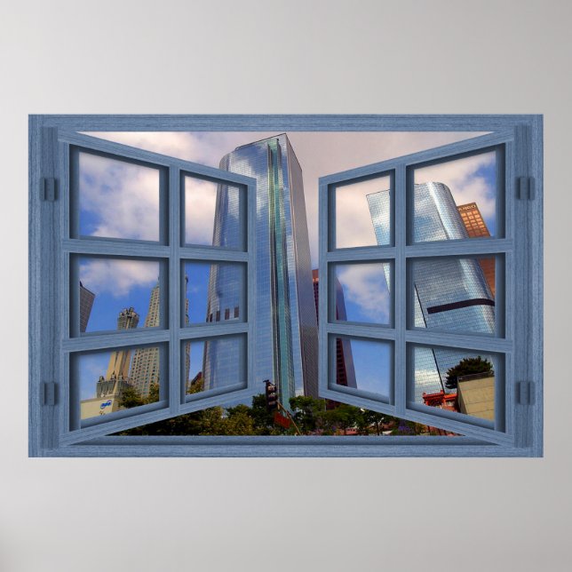 Los Angeles Skyline Blue 6 Pane Open Window Poster (Front)