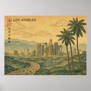 Los Angeles Skyline in Japanese Ukiyo-e Poster