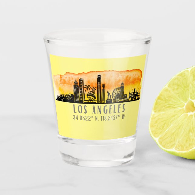 Los Angeles Skyline Latitude and Longitude  Shot Glass (Front)