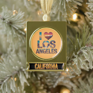 Los Angeles Skyline Sunset & Hollywood Typography Gold Plated Banner Ornament