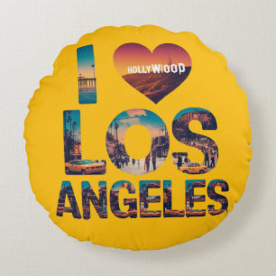 Los Angeles Skyline Sunset & Hollywood Typography Round Cushion