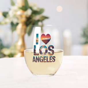 Los Angeles Skyline Sunset & Hollywood Typography  Stemless Wine Glass