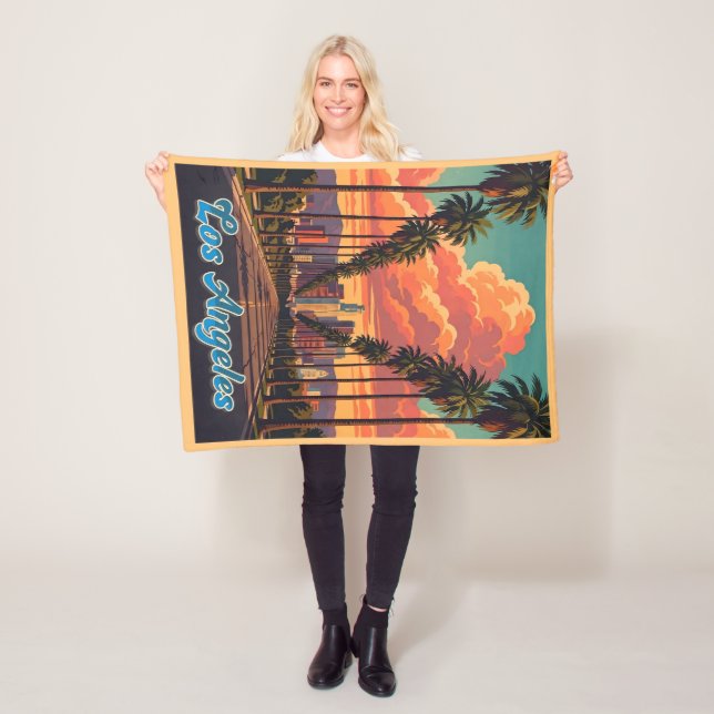 Los Angeles Skyline Sunset Palm Trees Fleece Blanket (In Situ)