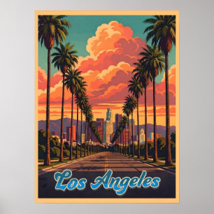 Los Angeles Skyline Sunset Palm Trees Poster