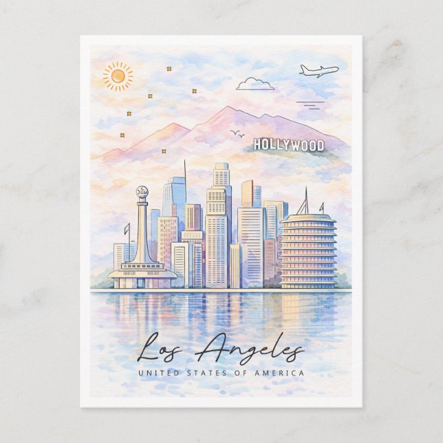 Los Angeles Skyline Watercolor | LA Travel Holiday Postcard (Front)